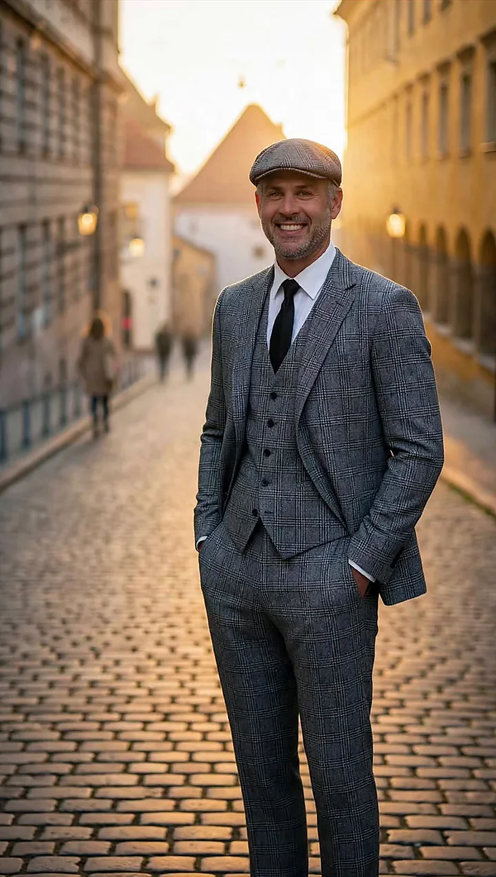 Sivo trodijelno tweed odijelo s prslukom i kravatom, uz kapu